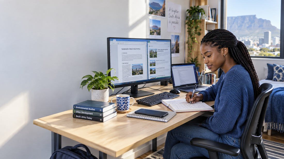 South African university student studying with a laptop and external monitor