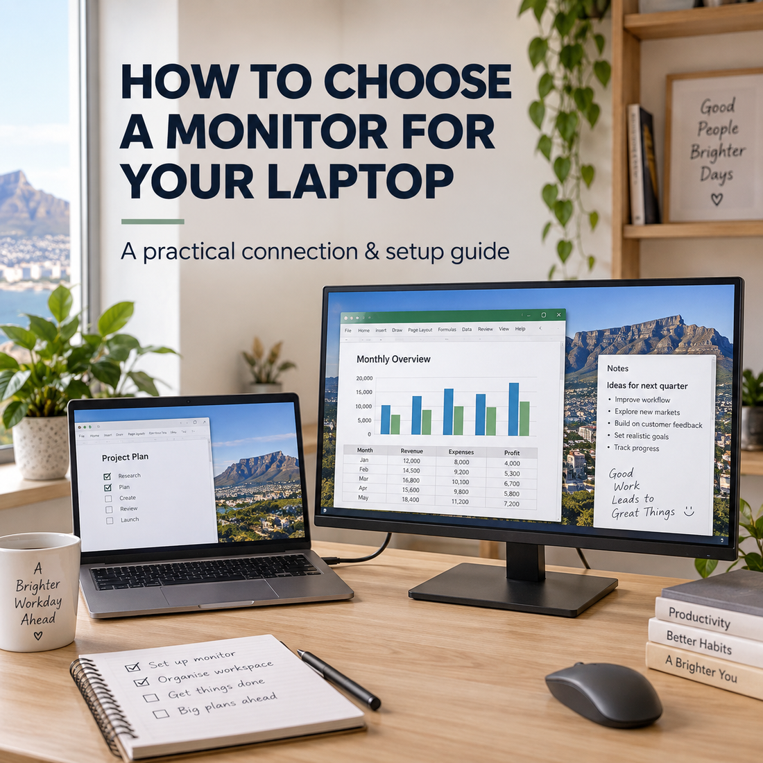 Laptop connected to a monitor in a productive home office