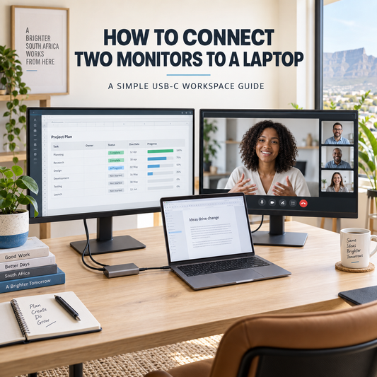 Laptop connected to two external monitors using a USB-C hub for a professional workspace