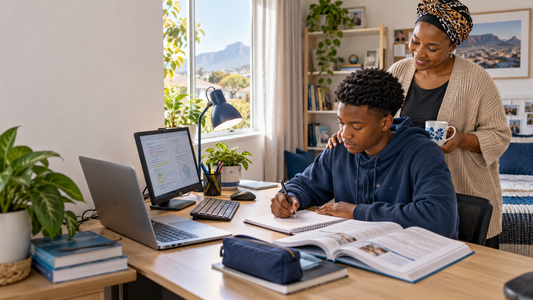 Parent supporting a matric learner at an organised home study workstation
