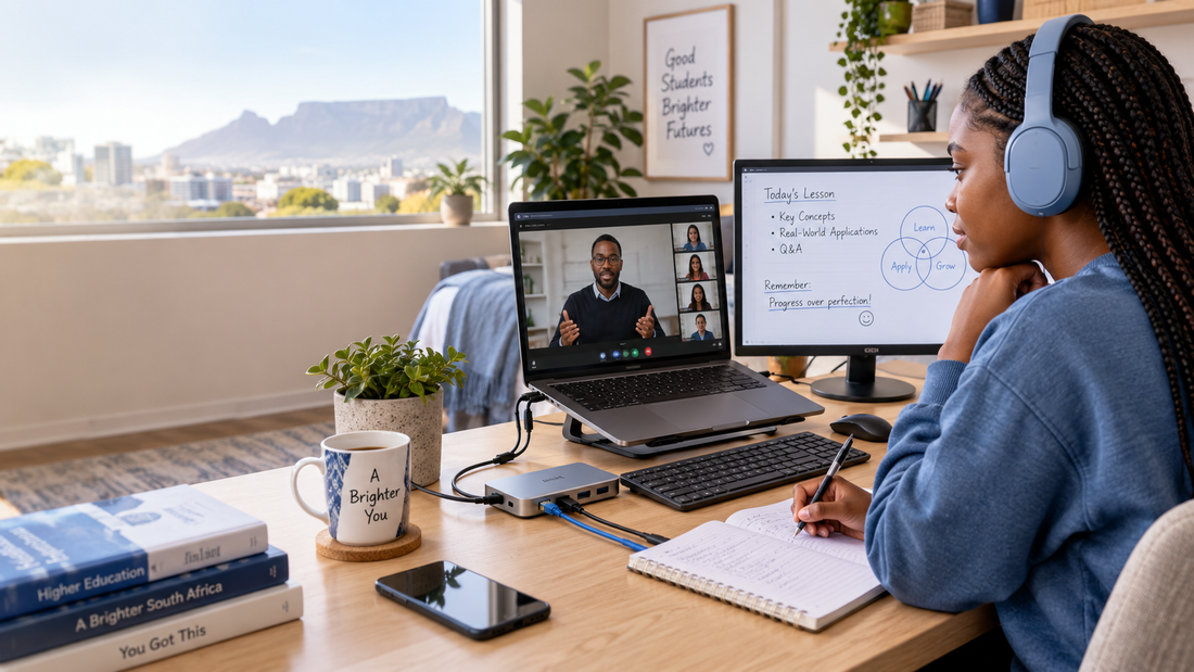 South African student attending an online class with a laptop, monitor and USB-C hub