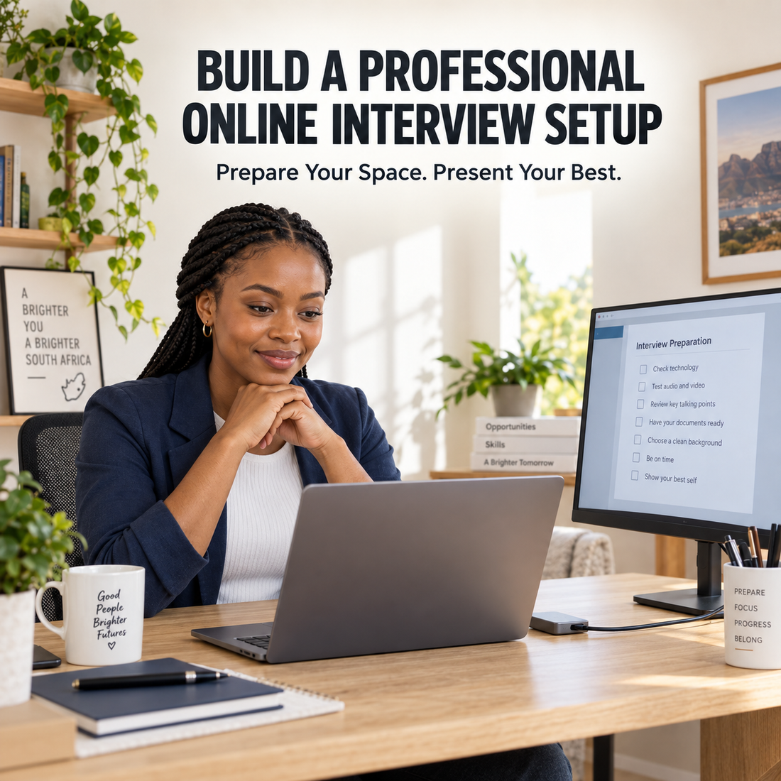 Professional working from a home-office interview setup with a laptop, external monitor and USB-C hub