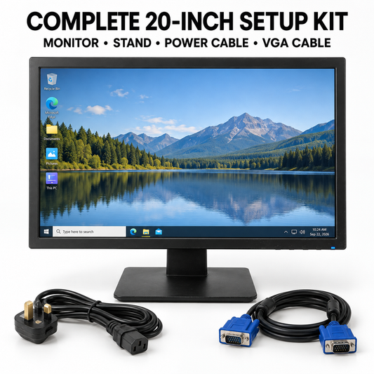 Complete 20-inch monitor setup kit with stand, power cable and VGA cable