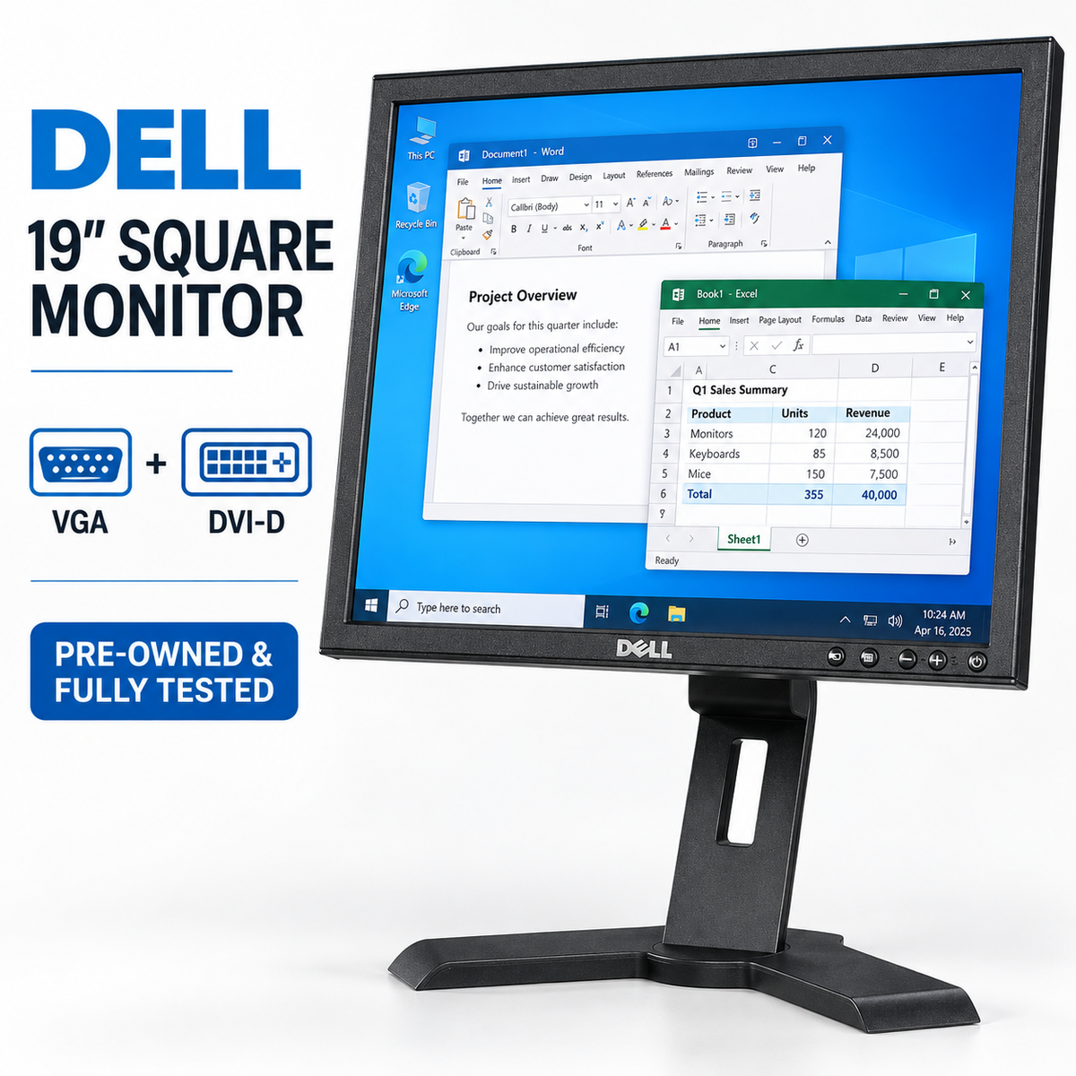 Dell 19-inch square monitor with VGA and DVI-D