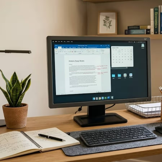 19" refurbished monitor on a student desk with plant, notebook and lamp