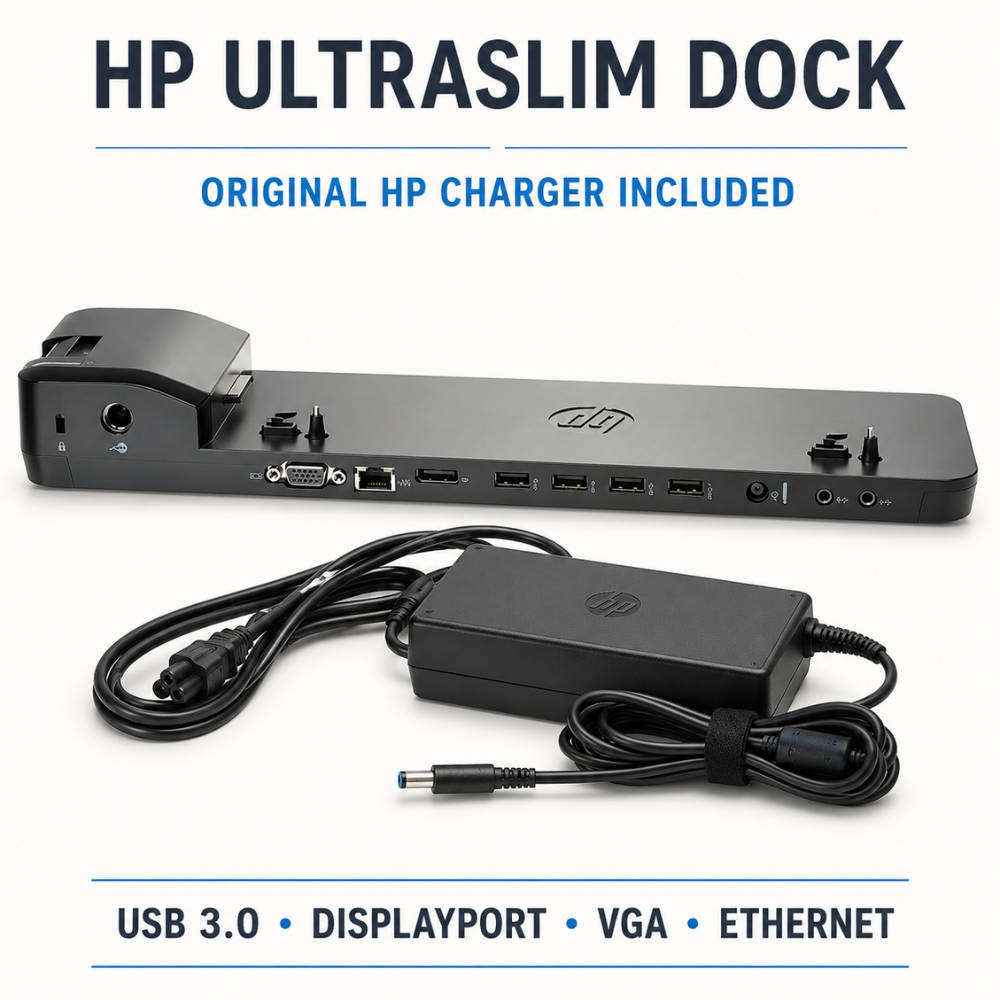 HP D9Y32AA UltraSlim Docking Station + Original HP Charger | USB 3.0, Dual DisplayPort, VGA & Ethernet