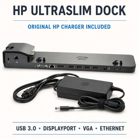 HP D9Y32AA UltraSlim Docking Station + Original HP Charger | USB 3.0, Dual DisplayPort, VGA & Ethernet