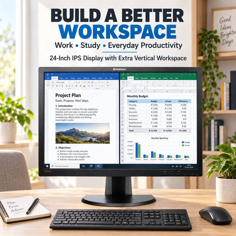 Lenovo 24-inch IPS monitor in a home office and study setup